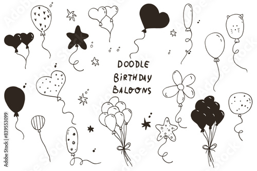 Balloon outline icons. Balloon with string in line cartoon style. Different shapes of ballons for birthday, party and wedding. Black contour of baloon silhouettes in doodle minimal style. Vector.
