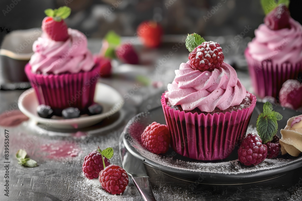 Cupcake chocolate with raspberries and cream. Cupcake chocolate with raspberries and cream.