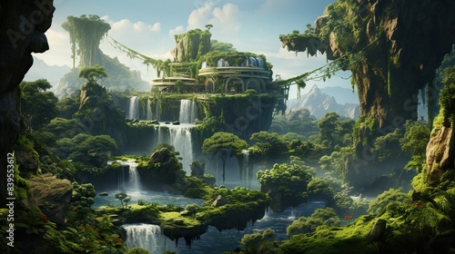 A floating island with waterfalls and lush vegetation   photo