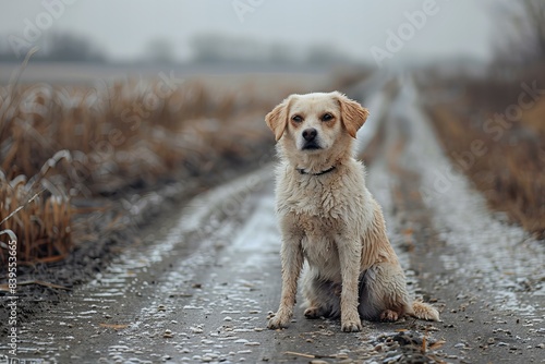 Digital artwork of white dog sitting on a dirt road with no sign of its owner