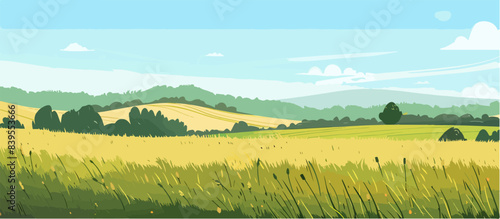 Illustration of hills and field. Blue sky over the fields.