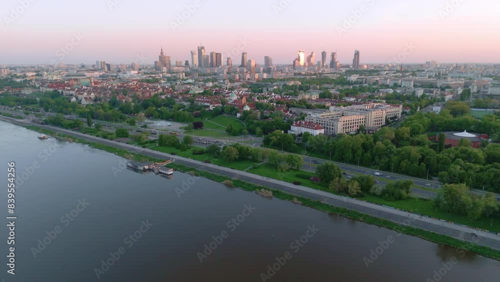 view of the city center of Warsaw in Poland at sunset in spring view of the city center of Warsaw in Poland at sunset in spring