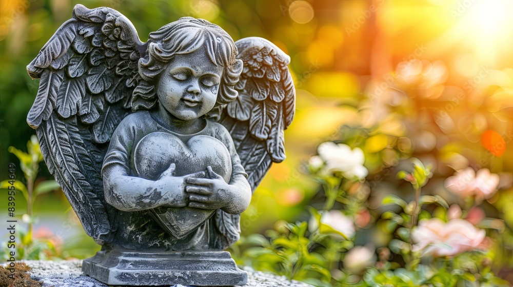 Beautiful statue of an angel with wings holding a heart. The concept of love and spirituality. A stone cherub in a cemetery, park or garden. Illustration for varied design. Beautiful statue of an angel with wings holding a heart. The concept of love and spirituality. A stone cherub in a cemetery, park or garden. Illustration for varied design.