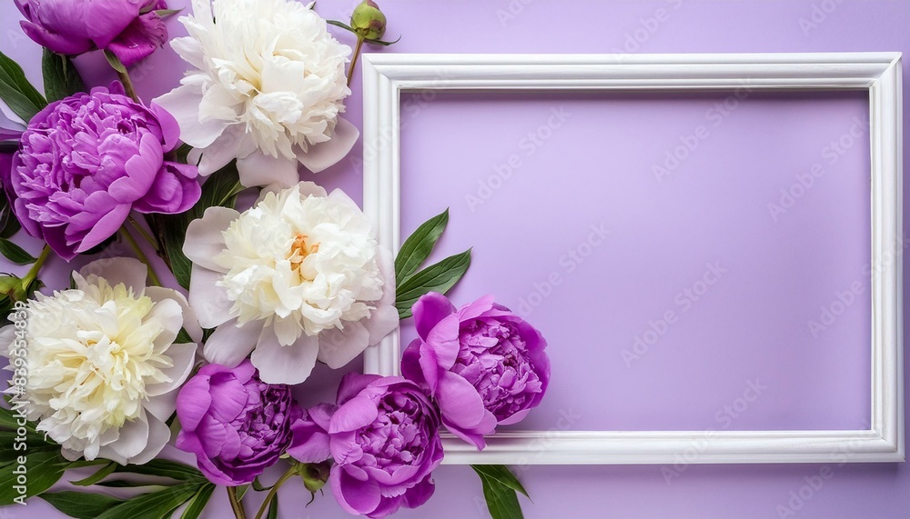 Purple peonies in a blank frame on a purple background, perfect for signs, wedding invitations, cosmetic products or holidays such as Mother's Day, Valentine's Day and Women's Day. With space for text Purple peonies in a blank frame on a purple background, perfect for signs, wedding invitations, cosmetic products or holidays such as Mother's Day, Valentine's Day and Women's Day. With space for text