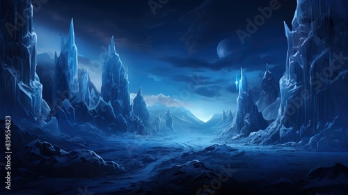 A frozen tundra with ice sculptures that come to life, surrounded by auroras and glowing ice caverns   photo