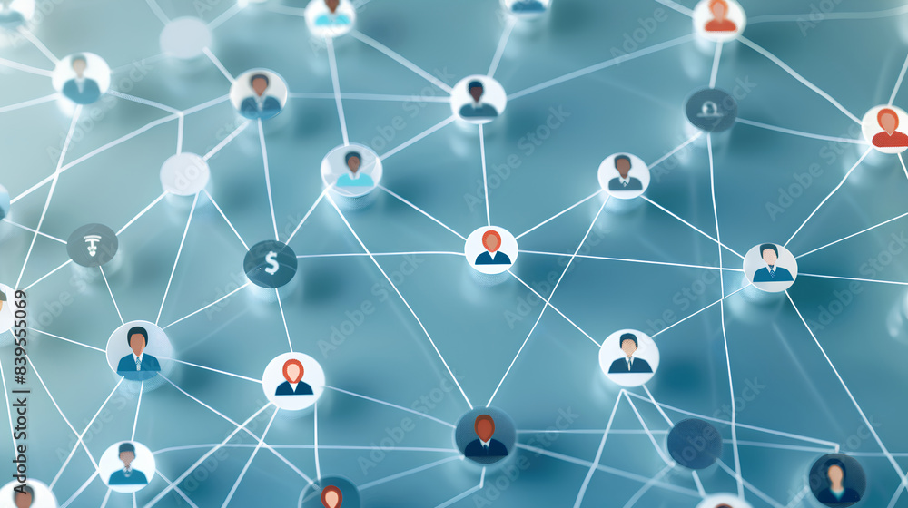 a simple and minimalist style image featuring multiple icons representing people, connected by lines to form a network