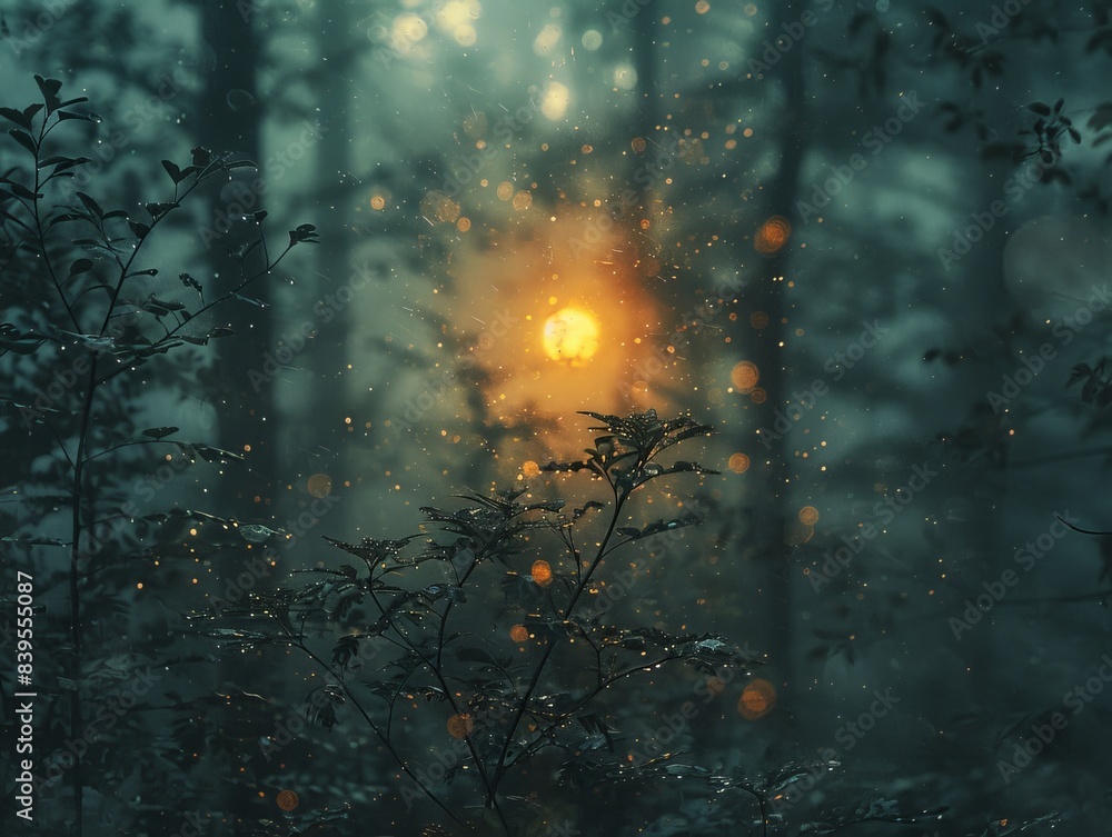 Fototapeta premium Enchanting Double Exposure: Sunlight Filtering Through Trees with Deep Hues Silhouette - Focus on Nature.
