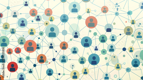 a simple and minimalist style image featuring multiple icons representing people, connected by lines to form a network
