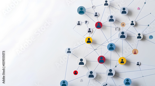 a simple and minimalist style image featuring multiple icons representing people, connected by lines to form a network