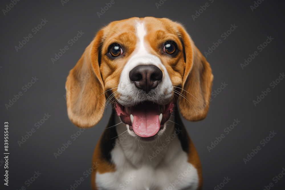 Head shot of a beagle dog looking at the camera on a gray studio background