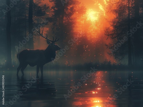 Enchanted Ultra HD Forest Silhouette with Luminous Wildlife - Close-up Composition with Copy Space photo