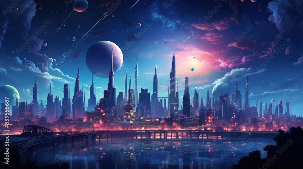 A futuristic cityscape with towering skyscrapers, flying cars, and holographic advertisements, set against a neon-lit night sky 