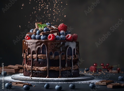 photo of chocolate cake with dripping, decorated in style Game Of Thrones , on the top there is an open 