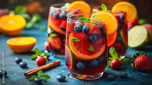 Refreshing berry sangria with slices of orange and mint on a rustic blue background, featuring strawberries, blueberries, and citrus fruits.