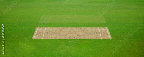 A cricket pitch direct top view of the layout with the grass cricket field. The pitch is inside the field and green field, Cricket match between two teams.