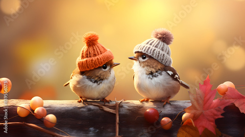 Cute Winter Sparrows.Adorable Birds in Knitted Hats on Snowy Branch photo