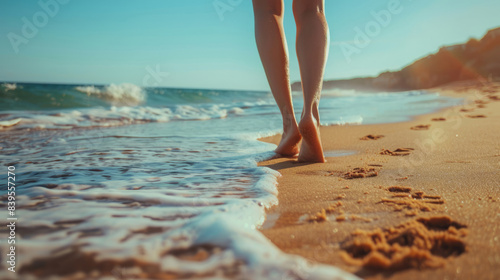 Legs against the backdrop of the sea coast or sandy beach. Marine background