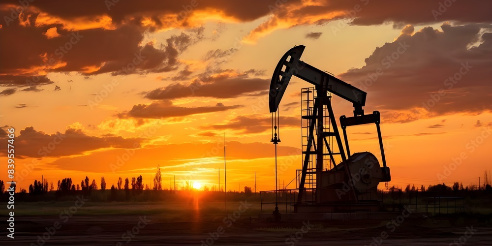 Oil Pump Silhouetted Against a Sunset Sky. Concept Sunset, Silhouette, Oil Pump, Industrial, Sky Oil Pump Silhouetted Against a Sunset Sky. Concept Sunset, Silhouette, Oil Pump, Industrial, Sky