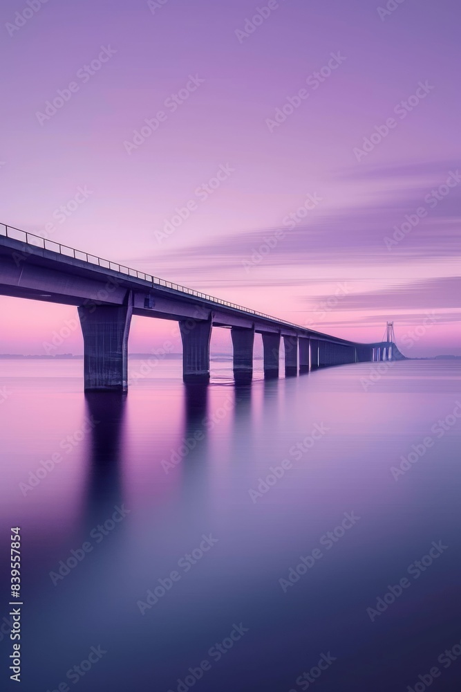 Photo showcasing the Infinite Bridge and Aarhus Bay in Denmark, captured during sunrise with a long Photo showcasing the Infinite Bridge and Aarhus Bay in Denmark, captured during sunrise with a long