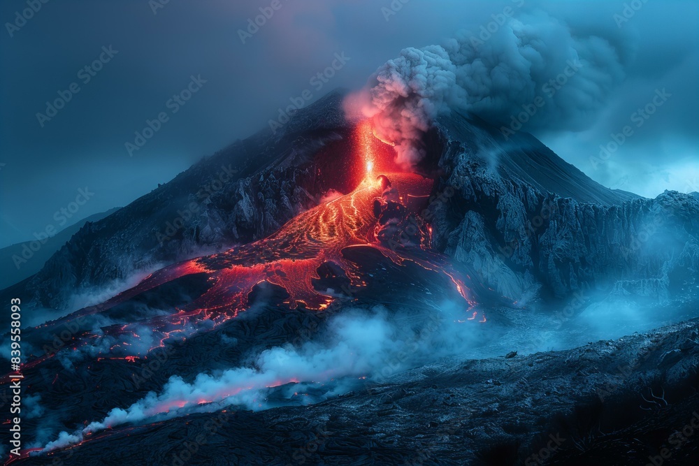 A dark mountain with an erupting volcano on top, taken from the ground at night, high contrast, glowing red lava and smoke coming out of its head, photography