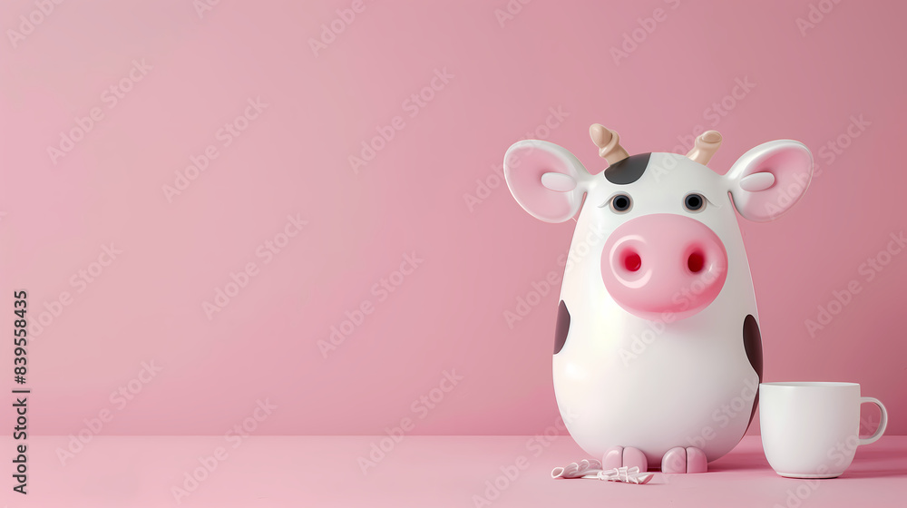 Fototapeta premium Splash of milk and cute cow with blank space background for advertising