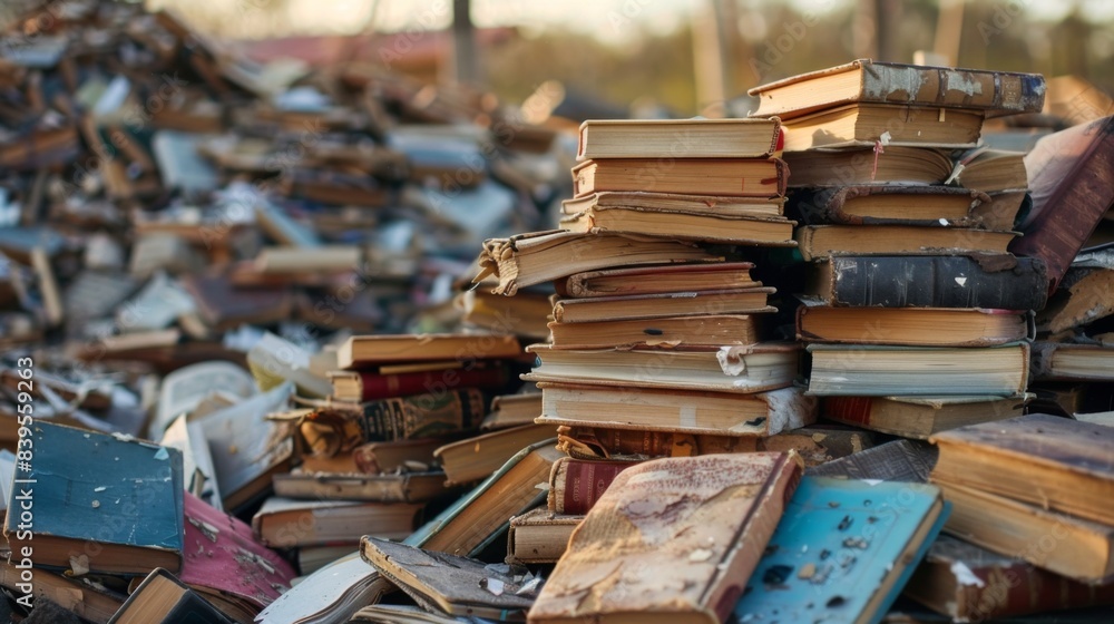 Fototapeta premium Heartbreaking sight of abandoned books stacked in a landfill at sunset