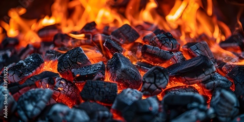 Glowing BBQ coals arranged horizontally. Concept Coal Arrangement, BBQ Photography, Food Portrait, Summer Grilling, Food Styling photo