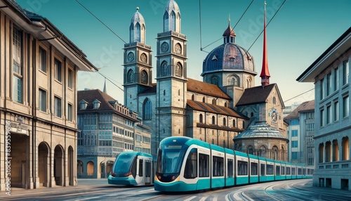  A scene combines landmarks of Zurich, the Grossmünster and Fraumünster churches, with modern elements like sleek trams.j