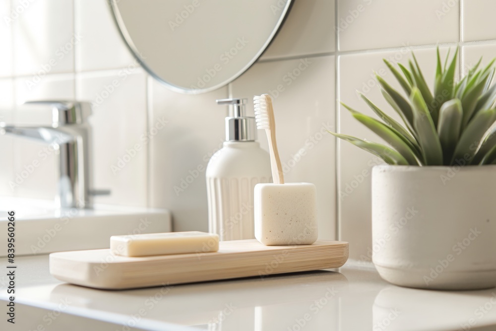 Promoting a sustainable lifestyle with eco-friendly bathroom essentials, featuring a bamboo toothbrush, soap bar, and a houseplant, creating a refreshing and natural ambiance Promoting a sustainable lifestyle with eco-friendly bathroom essentials, featuring a bamboo toothbrush, soap bar, and a houseplant, creating a refreshing and natural ambiance