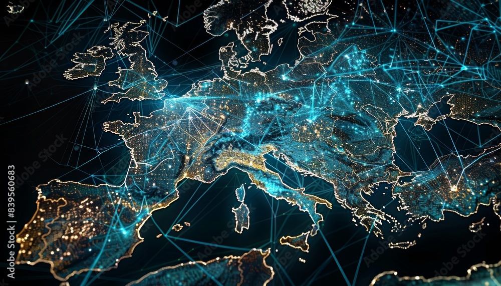 An impressive ultra sharp photo showcases a digital map of Western Europe, representing An impressive ultra sharp photo showcases a digital map of Western Europe, representing