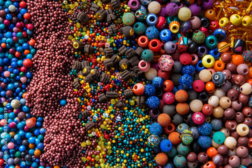 A plentiful collection of small, colorful beads, tightly packed to fill the entire frame. The beads come in a variety of shapes and colors. A plentiful collection of small, colorful beads, tightly packed to fill the entire frame. The beads come in a variety of shapes and colors.