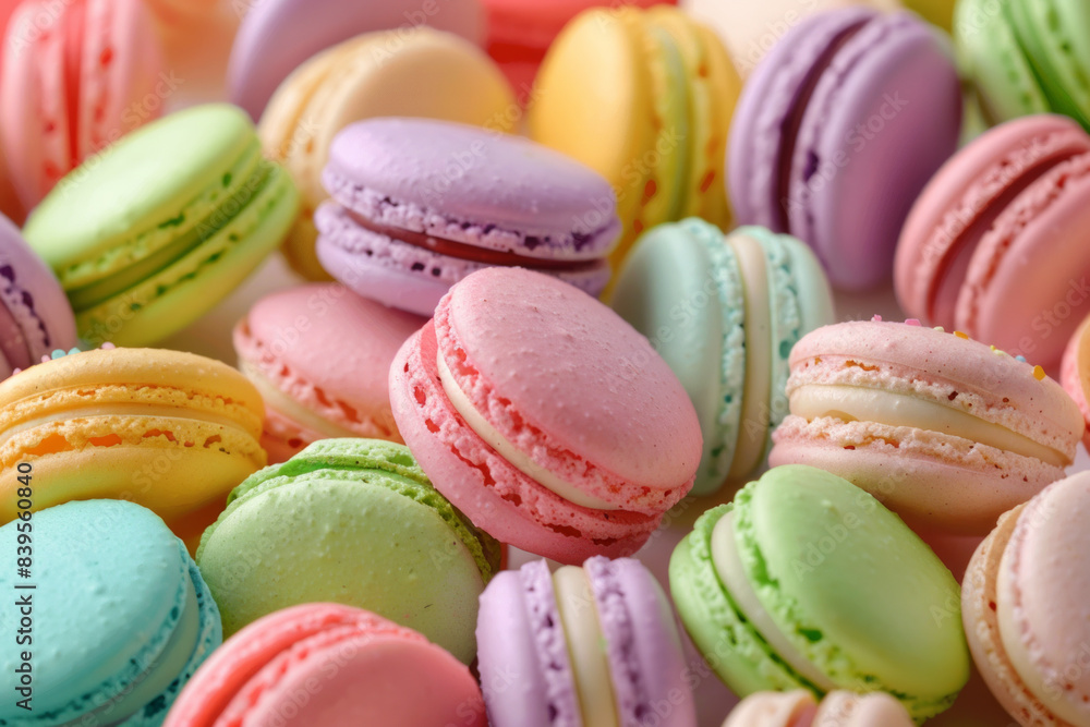 A lavish assortment of macarons in different flavors and colors, tightly arranged to fill the entire frame. The macarons display a palette of pastel and bright colors