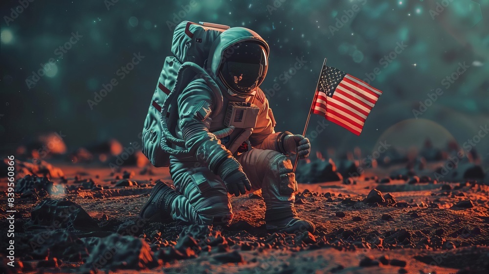 Φωτογραφία An astronaut planting an American flag on the moon, SciFi, Dark Background, Digi
