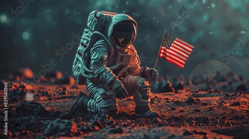 An astronaut planting an American flag on the moon, SciFi, Dark Background, Digital photo