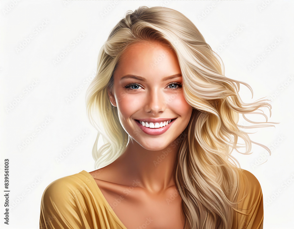 A portrait illustration of a smiling pretty blonde woman isolated on a white background A portrait illustration of a smiling pretty blonde woman isolated on a white background