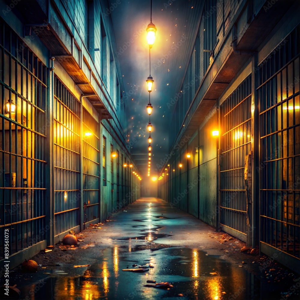 Gloomy Prison with a bright light highlighting the setting with a urban backdrop Gloomy Prison with a bright light highlighting the setting with a urban backdrop