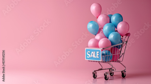 Shopping cart with balloons. Sale event on pink background. Festive shopping promotion banner.