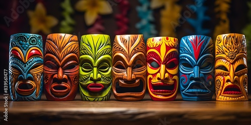 Tiki Masks Incorporating Tribal Attributes from Hawaiian, African, and Polynesian Cultures. Concept Hawaiian Culture, African Culture, Polynesian Culture, Tiki Masks, Tribal Attributes photo