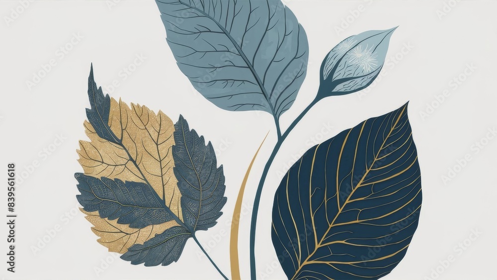 Minimalistic image of leaves and a bud. The leaves are made in various shades of blue, gray and gold, with intricate patterns and details. Minimalistic image of leaves and a bud. The leaves are made in various shades of blue, gray and gold, with intricate patterns and details.