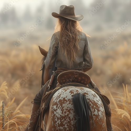 A cowgirl riding a horse in a beautiful natural landscape