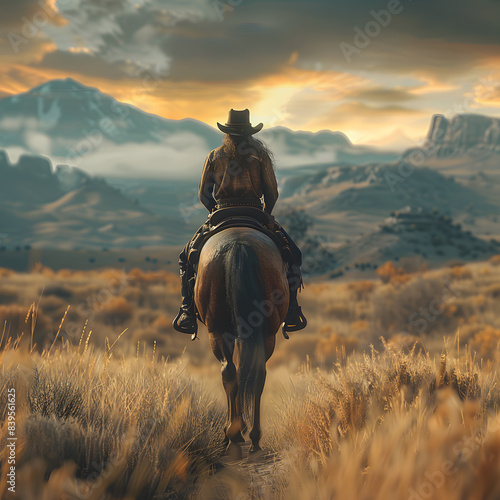 A cowgirl riding a horse in a beautiful natural landscape