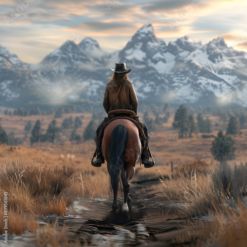 A cowgirl riding a horse in a beautiful natural landscape