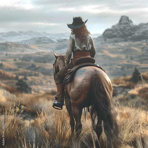 A cowgirl riding a horse in a beautiful natural landscape