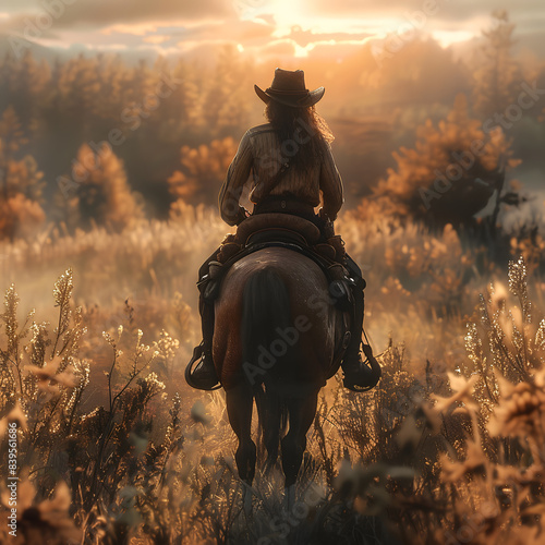 A cowgirl riding a horse in a beautiful natural landscape