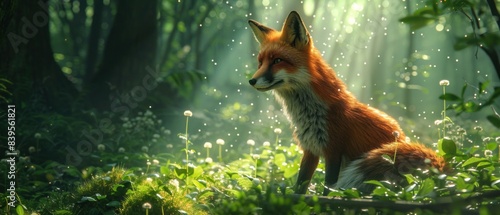 A curious fox weaving through shafts of luminous energy in the forest.