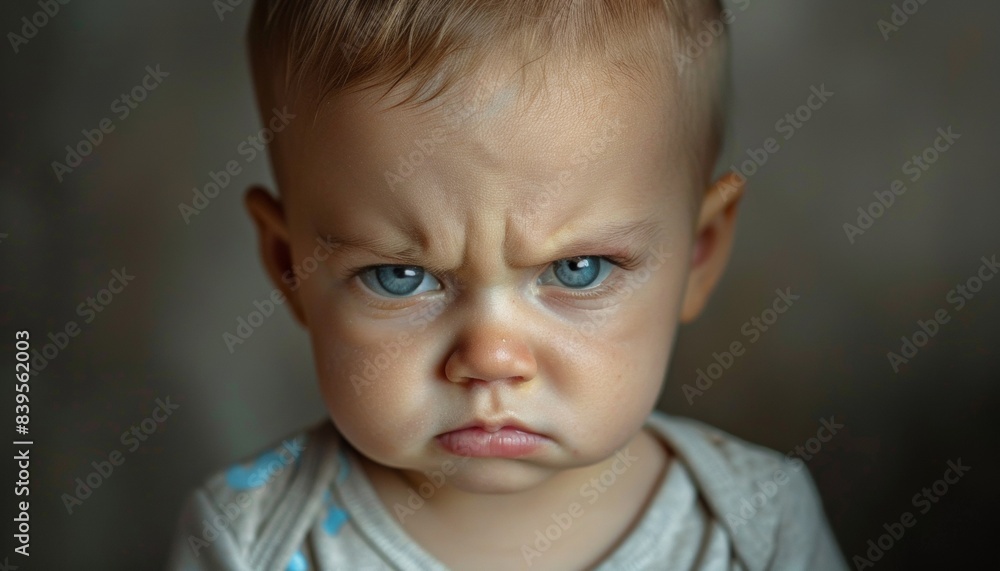 Intriguing image of a solemn and angry baby in close-up portrait, evoking curiosity with intense Intriguing image of a solemn and angry baby in close-up portrait, evoking curiosity with intense