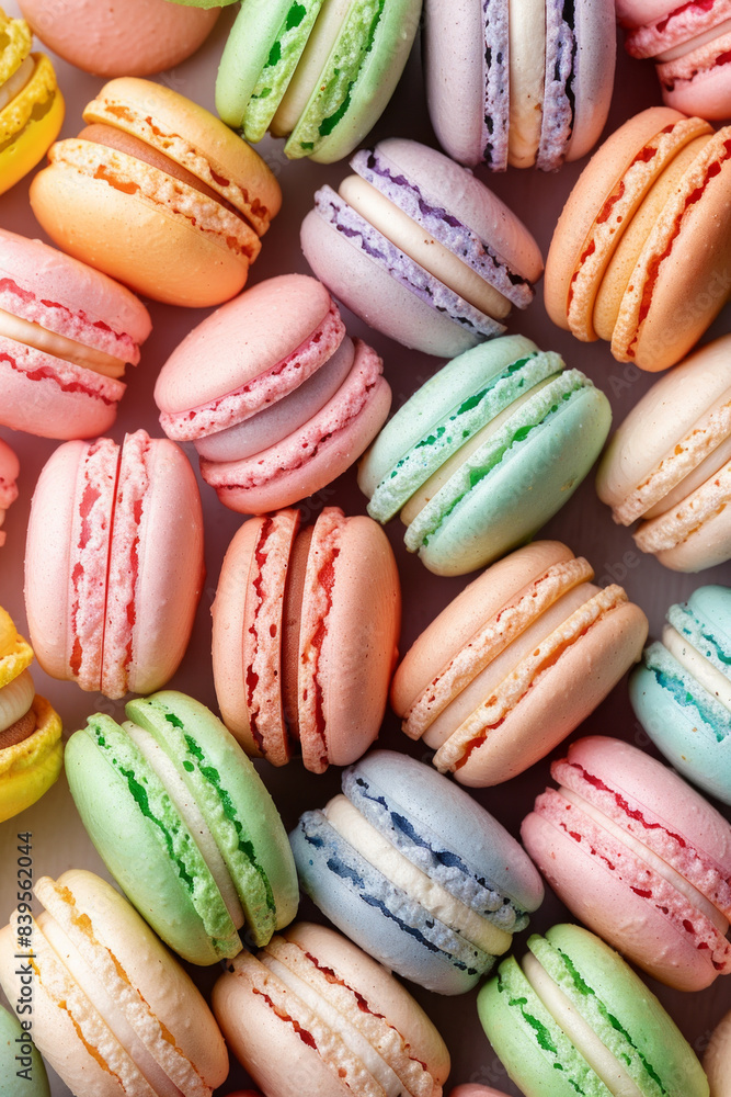 A lavish assortment of macarons in different flavors and colors, tightly arranged to fill the entire frame. The macarons display a palette of pastel and bright colors A lavish assortment of macarons in different flavors and colors, tightly arranged to fill the entire frame. The macarons display a palette of pastel and bright colors
