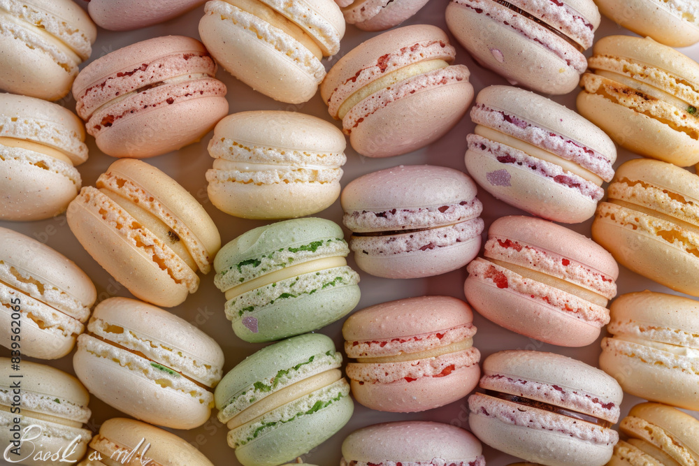 A lavish assortment of macarons in different flavors and colors, tightly arranged to fill the entire frame. The macarons display a palette of pastel and bright colors A lavish assortment of macarons in different flavors and colors, tightly arranged to fill the entire frame. The macarons display a palette of pastel and bright colors