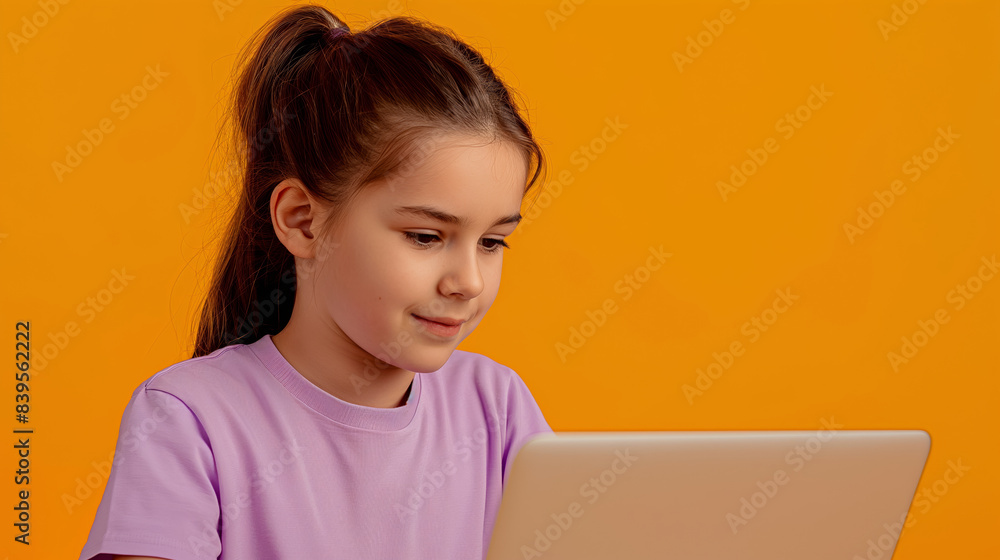 A young girl is sitting at a table with a laptop in front of her. She is smiling and she is enjoying her time on the computer. 12 yo girl in violet t-shirt coding on laptop, solid orange background A young girl is sitting at a table with a laptop in front of her. She is smiling and she is enjoying her time on the computer. 12 yo girl in violet t-shirt coding on laptop, solid orange background