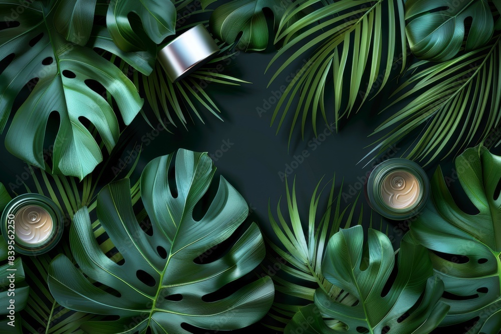 dark green background with tropical leaves and cosmetic products, copy space, beauty background dark green background with tropical leaves and cosmetic products, copy space, beauty background